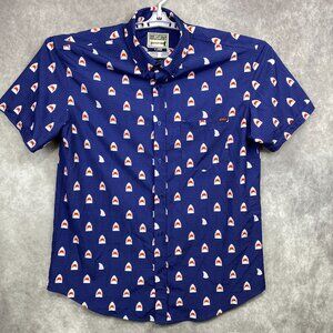 RSVLTS Men Size XL Chomp Shark Shirt KUNUFLEX Short Sleeve Casual Ocean Blue